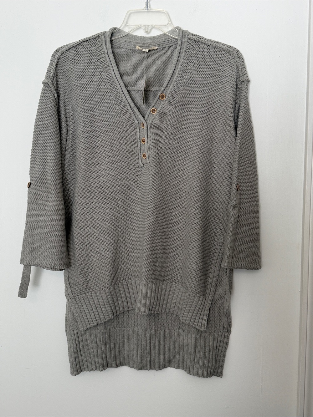 Women's Gray V-Neck Button Knit Sweater